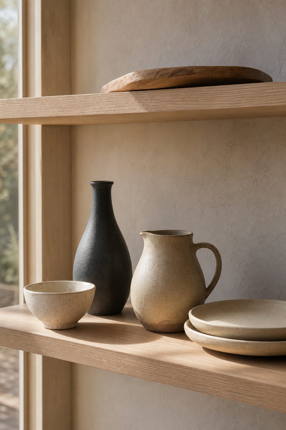 Minimalist ceramic tableware display on pale oak open shelves in a Japandi dining room, with cream bowl, charcoal vase, and stoneware pitcher in soft morning light
