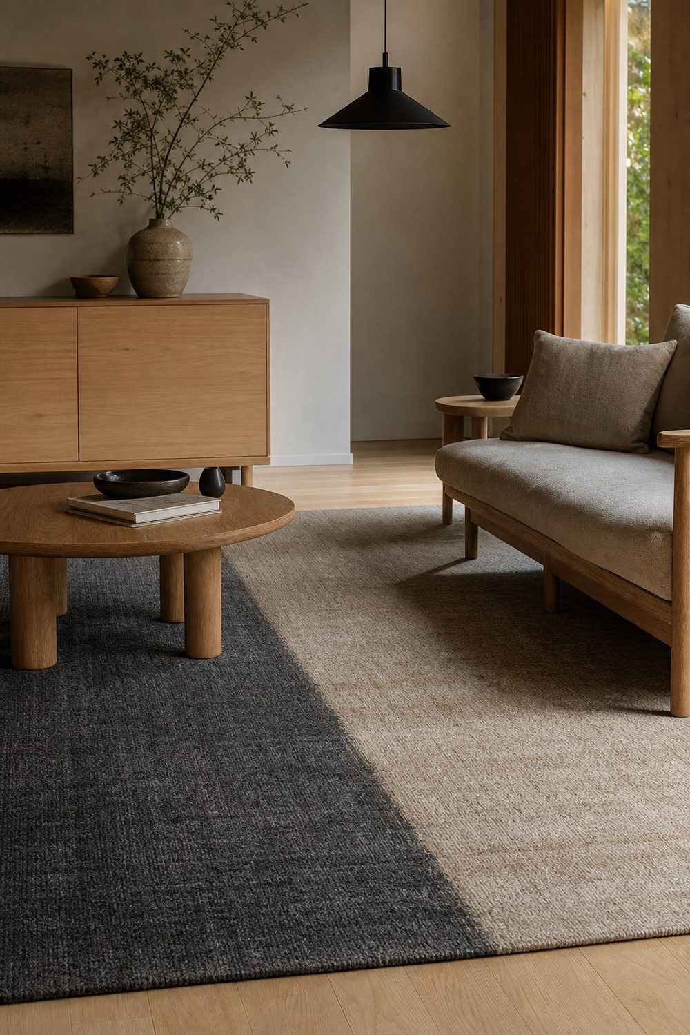 Two tone charcoal and beige Japandi rug in a minimalist living room with pale wood furniture and a black pendant