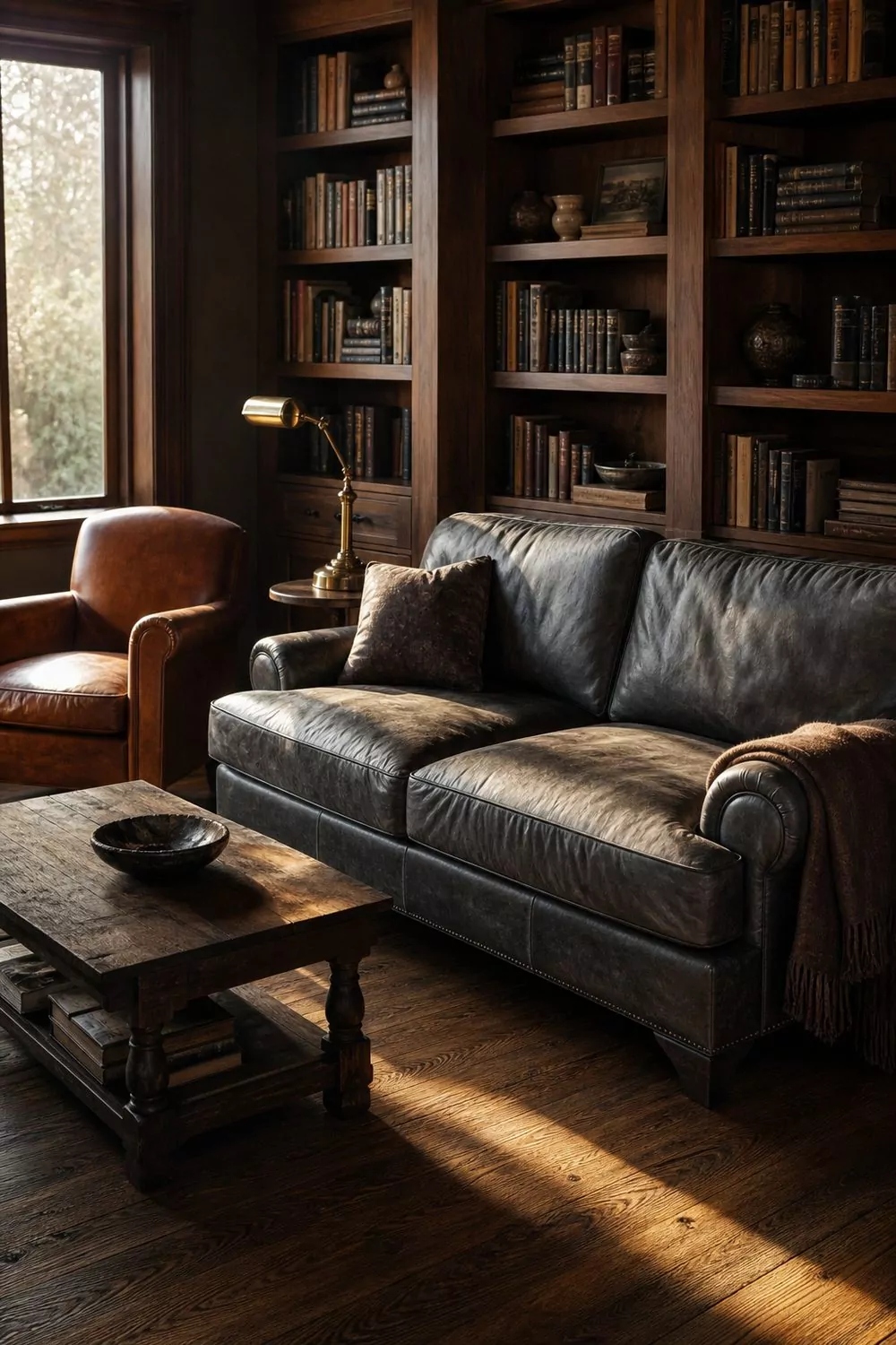 Weathered deep charcoal grey full grain leather sofa with built in walnut bookshelves filled with hardcover books a cognac leather armchair and brass reading lamp