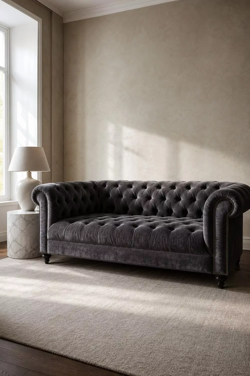 Tufted deep charcoal grey velvet Chesterfield sofa against a soft greige plaster wall with an ivory wool rug and ceramic table lamp
