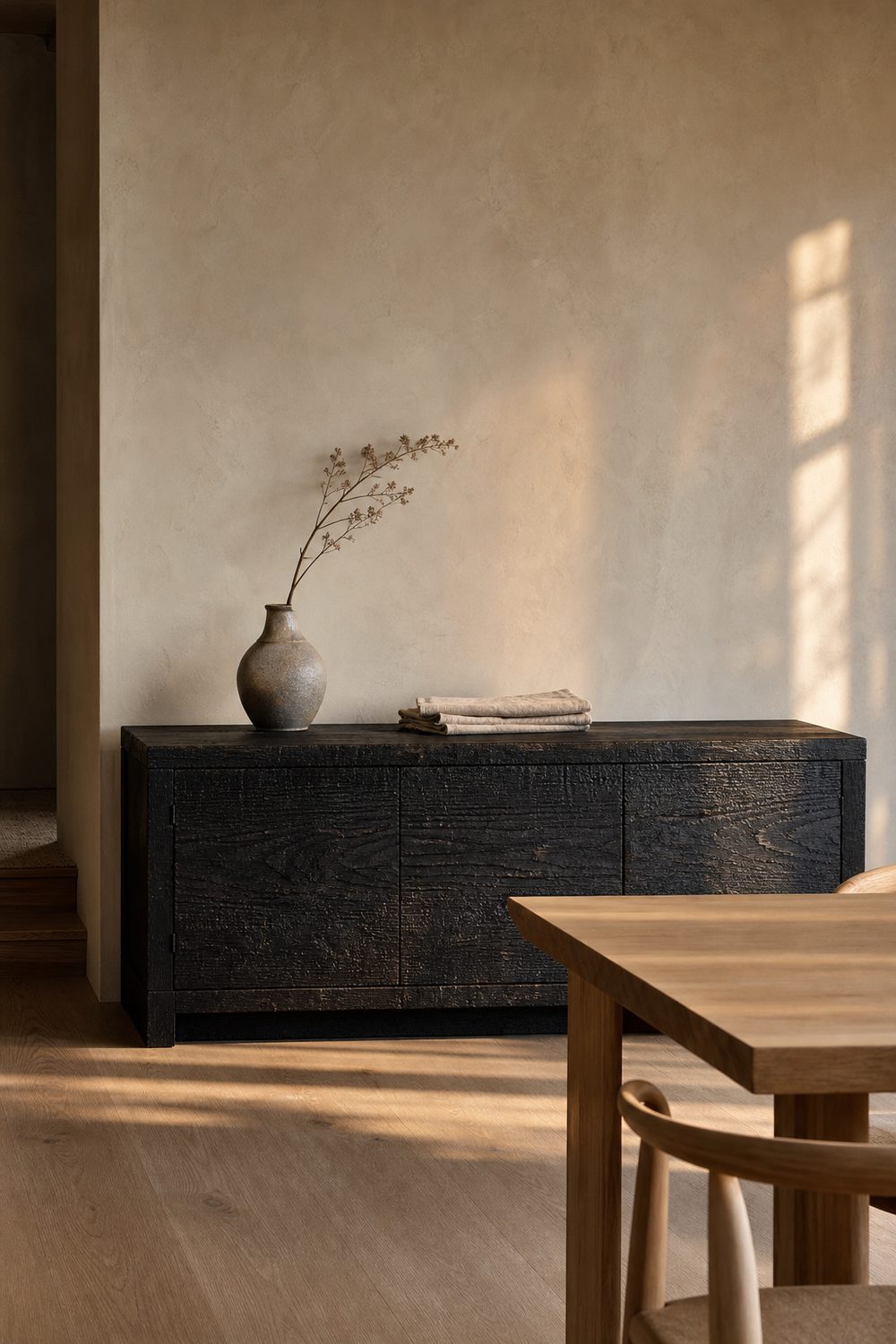 Charred shou sugi ban black oak sideboard console with deep scorched grain texture against a soft cream plaster wall in a Japandi dining room, golden hour light