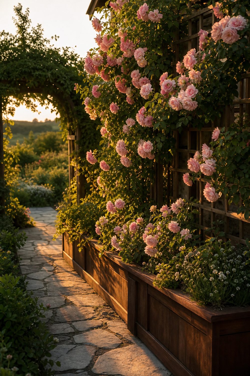 Climbing rose trellis planter box with pink roses in full bloom along a stone garden path at golden hour
