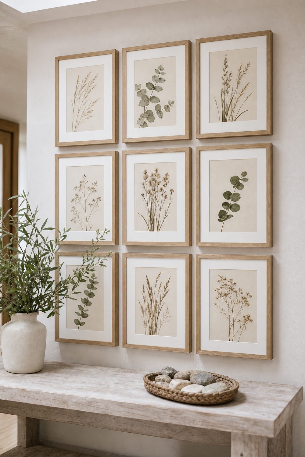 Coastal gallery wall with nine framed botanical prints of pressed grasses eucalyptus and dune wildflowers in matching slim oak frames above a whitewashed console with greenery and woven tray of stones