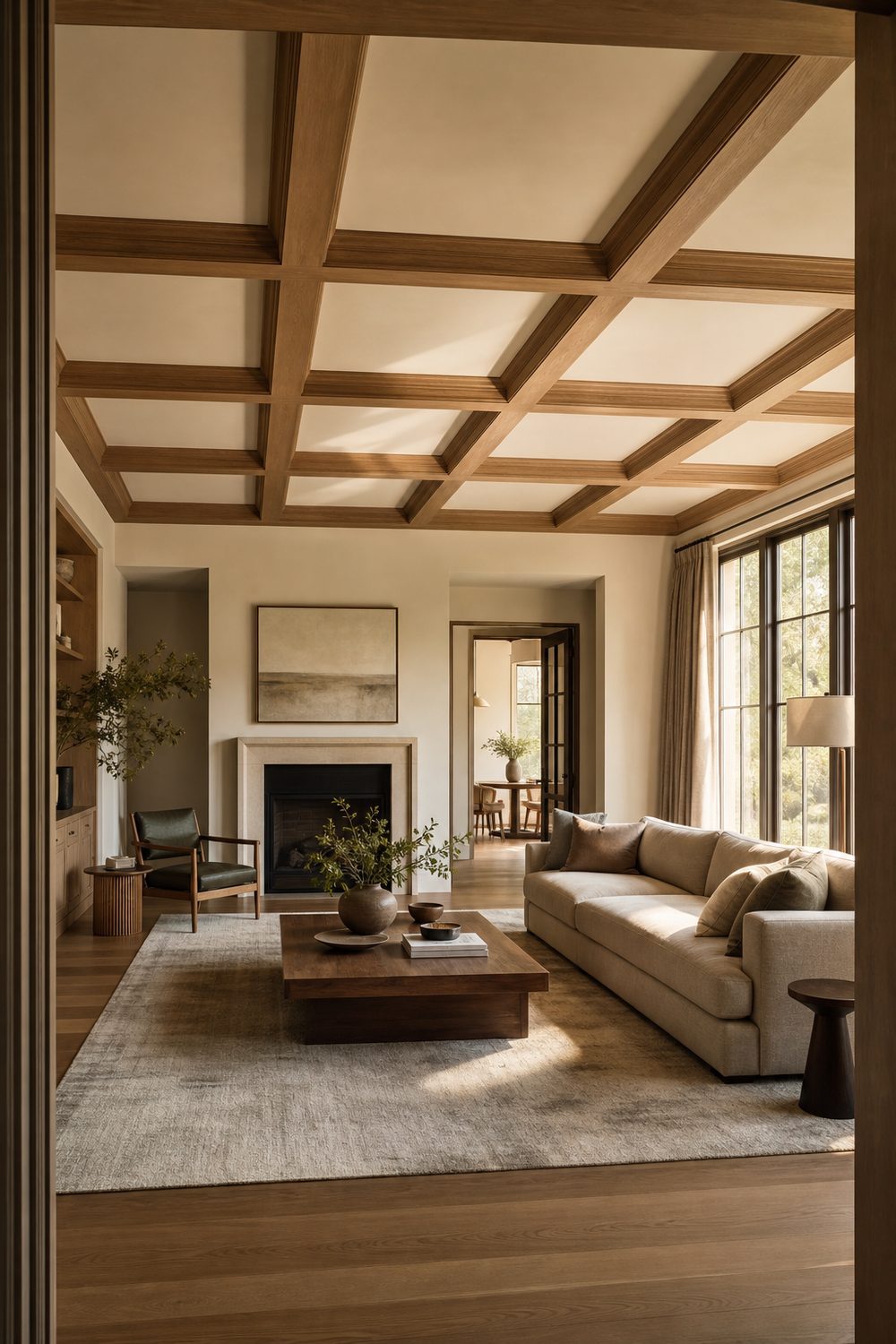 Coffered wood ceiling panels in a wide living room with painted cream insets, oak frames, neutral linen sofa, and large picture windows