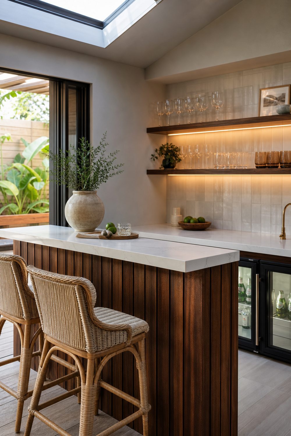 Compact pool cabana bar interior with white quartz counter, walnut vertical paneling front, woven rattan barstools, glassware on open shelving, beverage fridge under counter