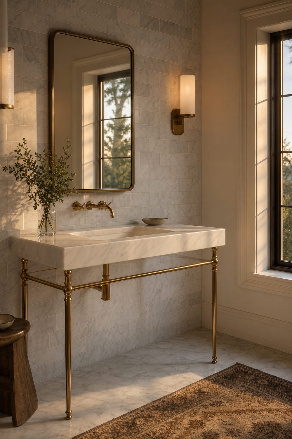 White console bathroom sink with slim polished brass legs and an open base against a marble tile wall in a guest bath