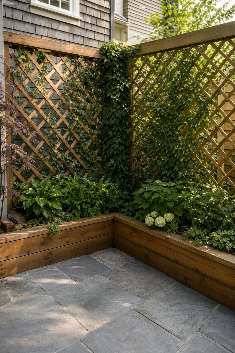 L-shaped corner trellis planter box with two lattice panels and climbing ivy on a flagstone patio