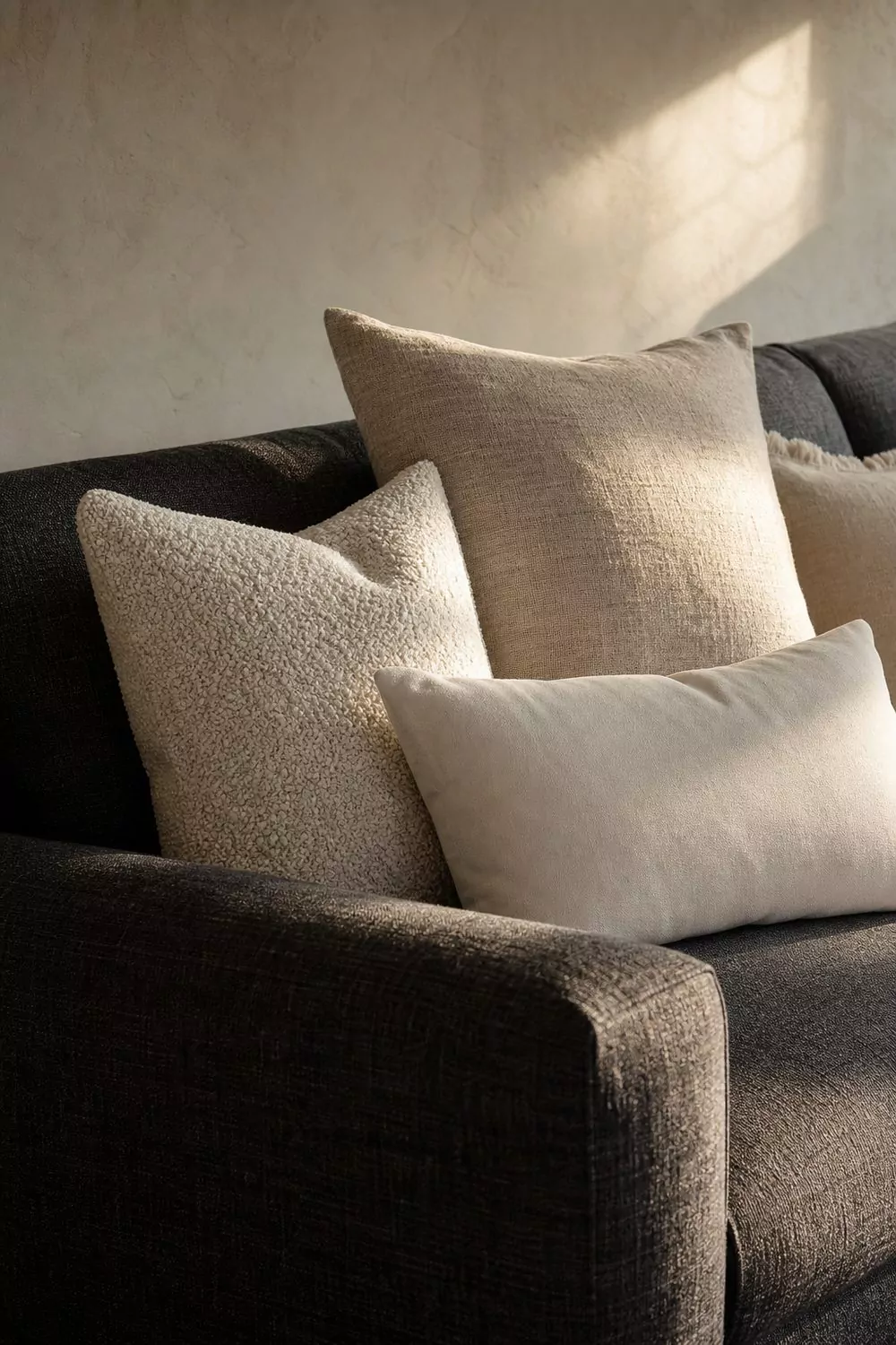 Layered cream and oatmeal pillows in boucle and linen textures on a deep charcoal grey couch with warm afternoon light
