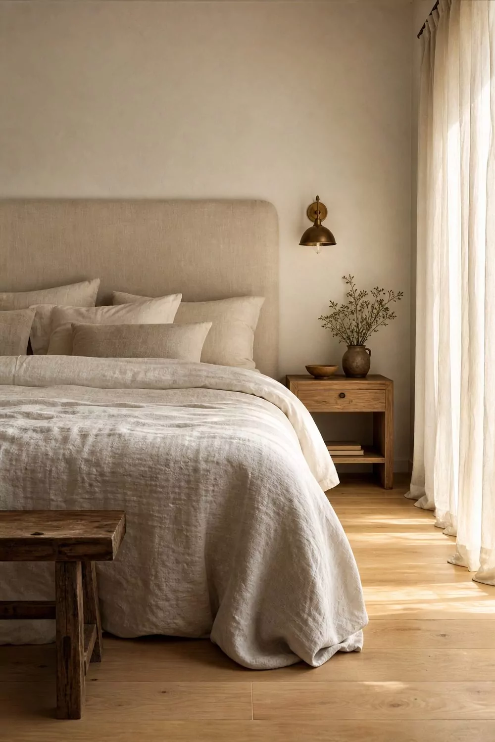 Creamy warm white bedroom with light maple hardwood floors, upholstered linen headboard, layered cream bedding, vintage brass sconce, sheer linen curtains filtering soft afternoon light