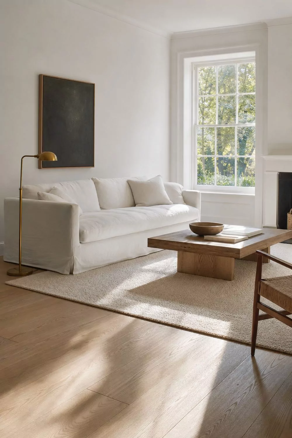 Crisp white living room with light white oak hardwood floors, slipcovered linen sofa, woven wool rug, brass floor lamp, large picture window streaming warm afternoon light