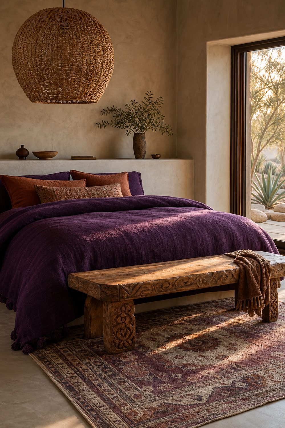 Boho bedroom with neutral plaster walls, deep purple woven duvet, terracotta pillows, patterned wool rug with plum tones, rattan pendant, carved wood bench