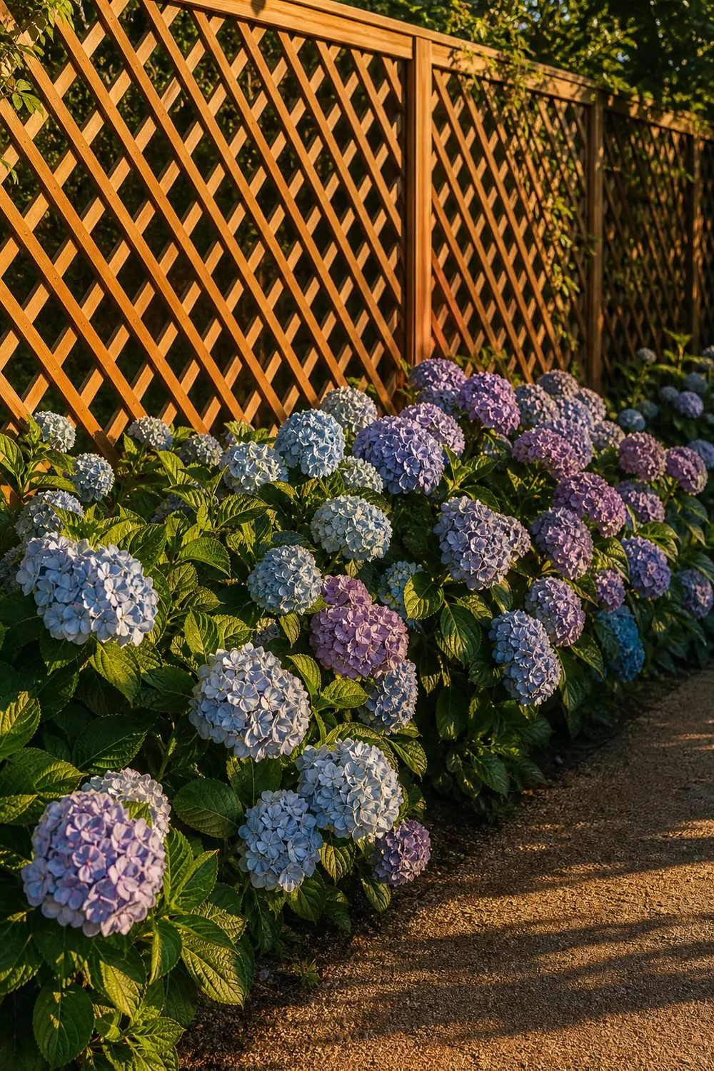 Diamond lattice wooden garden trellis in natural cedar behind blooming pale blue and lavender hydrangeas with golden hour amber light