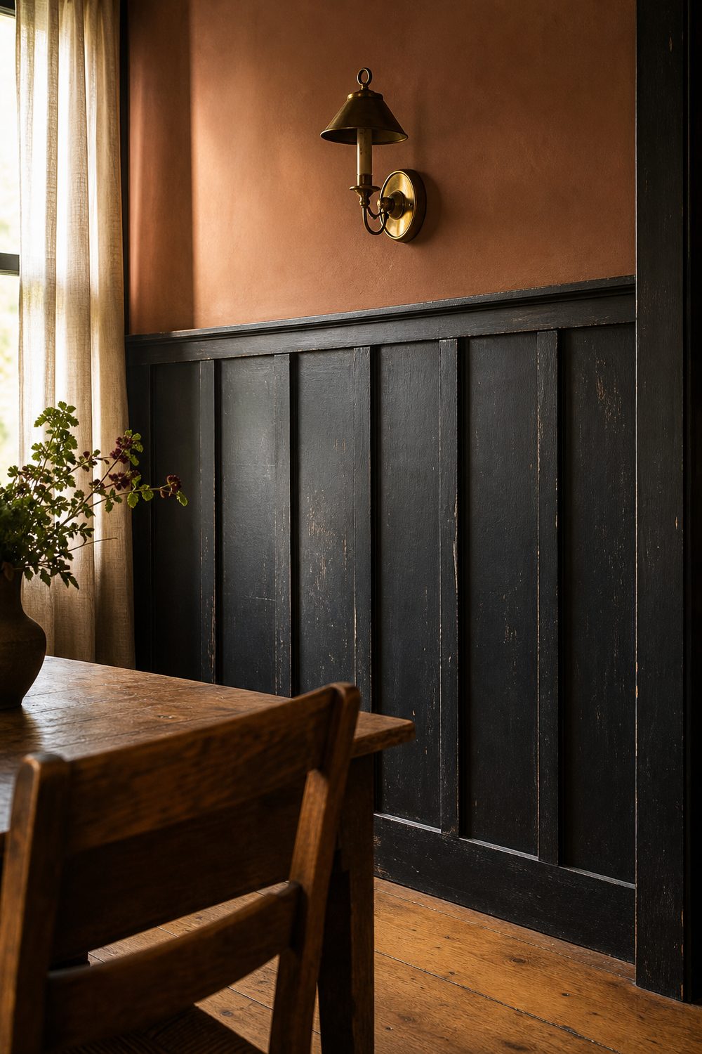Distressed black board and batten wainscoting in moody dining room with warm clay upper wall, vintage brass sconce, antique oak chair, wide-plank pine floor