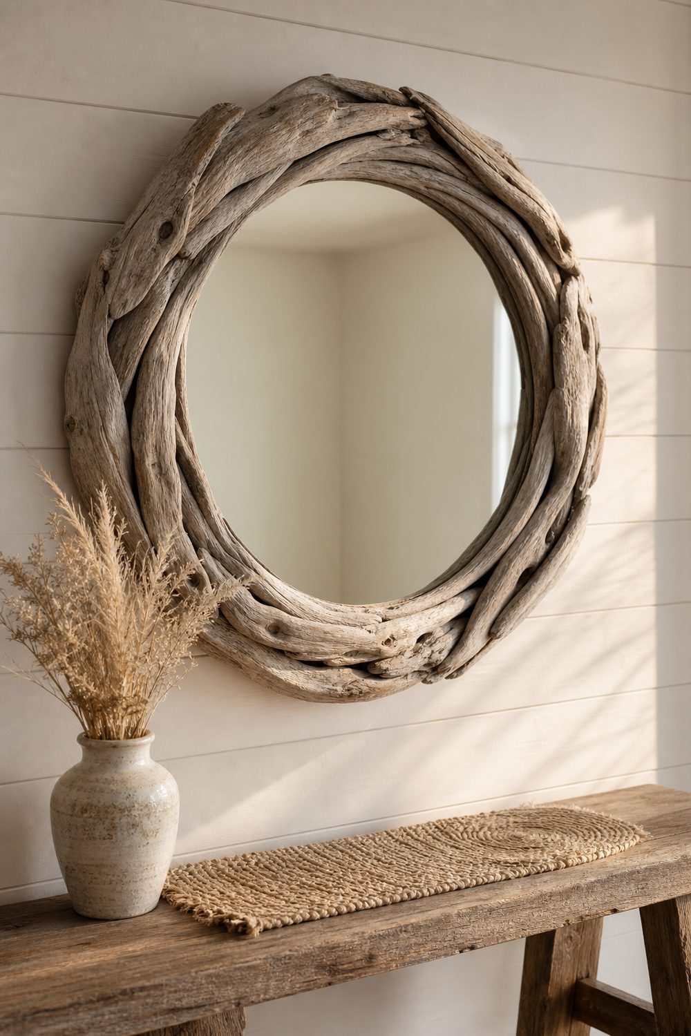 Round driftwood wall mirror with silvered weathered grain hung over a weathered teak bench with jute runner against warm white shiplap in a coastal entryway