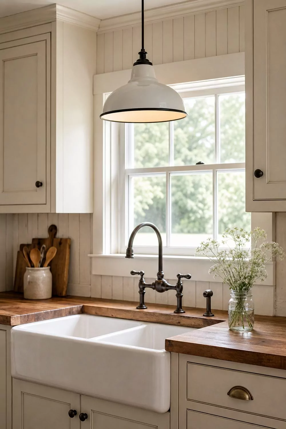 White enamel barn pendant light with black trim hanging above an apron-front sink in a farmhouse kitchen with shaker cabinets and beadboard