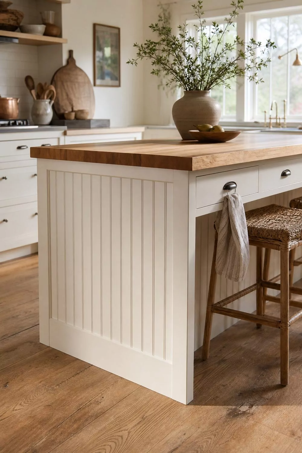 Farmhouse kitchen island wrapped in creamy white vertical beadboard with thick maple butcher block counter brushed pulls and two woven rattan stools