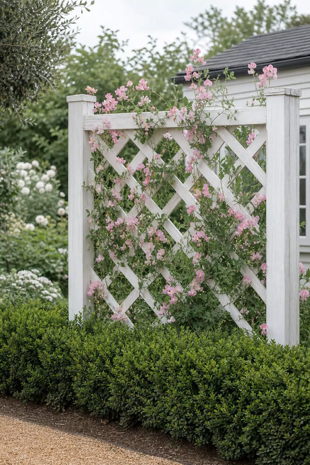 Freestanding farmhouse cross pattern wooden trellis in whitewashed pine with pale pink sweet pea blooms and low boxwood hedge along a decomposed granite path