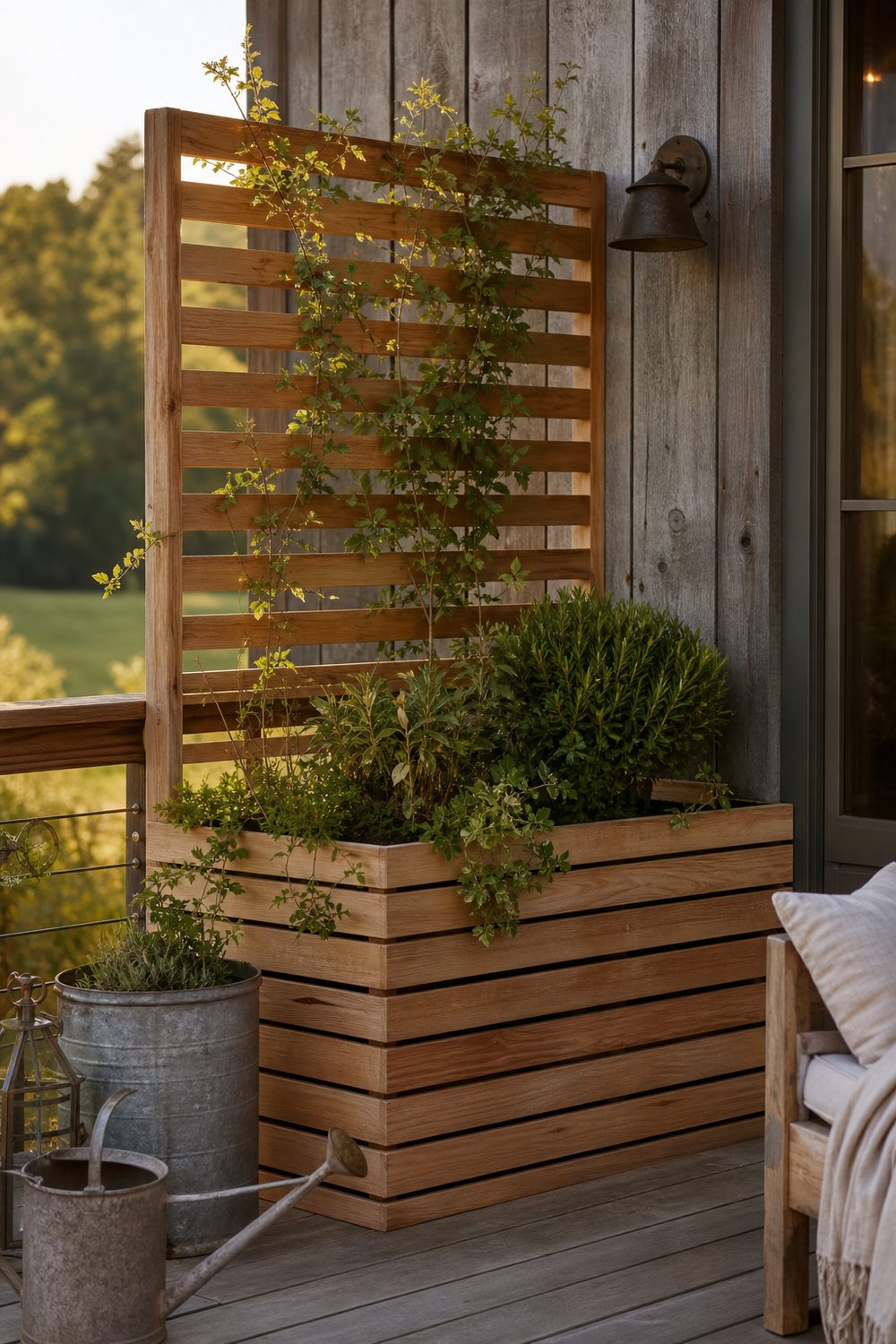 Farmhouse slatted trellis planter box in cypress with herbs and a climbing vine on a weathered barn wood porch