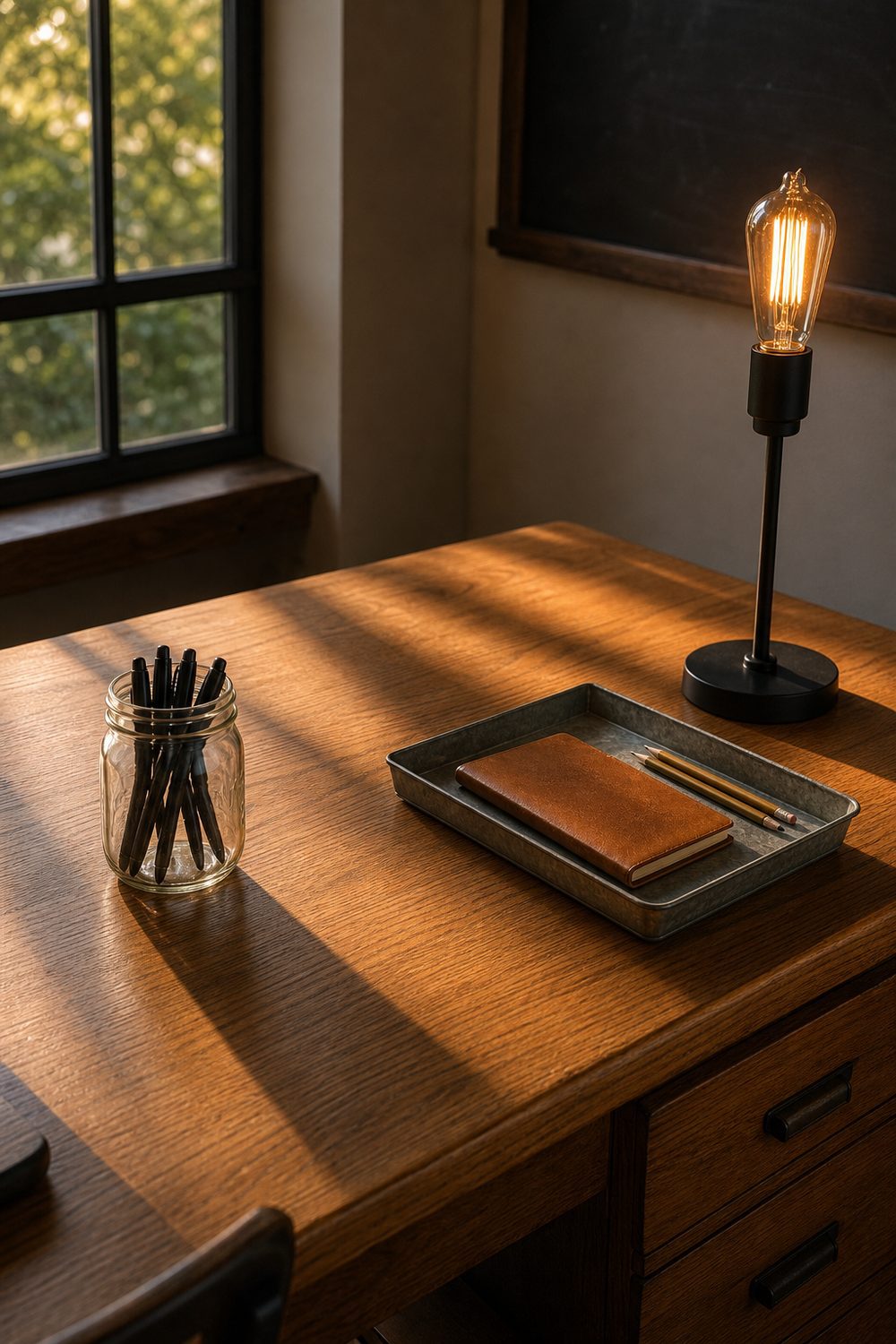 Warm honey wood farmhouse teacher desk styled with a vintage style Edison bulb table lamp, small galvanized tray, leather notebook, and single mason jar of pens, golden hour light from west-facing windows