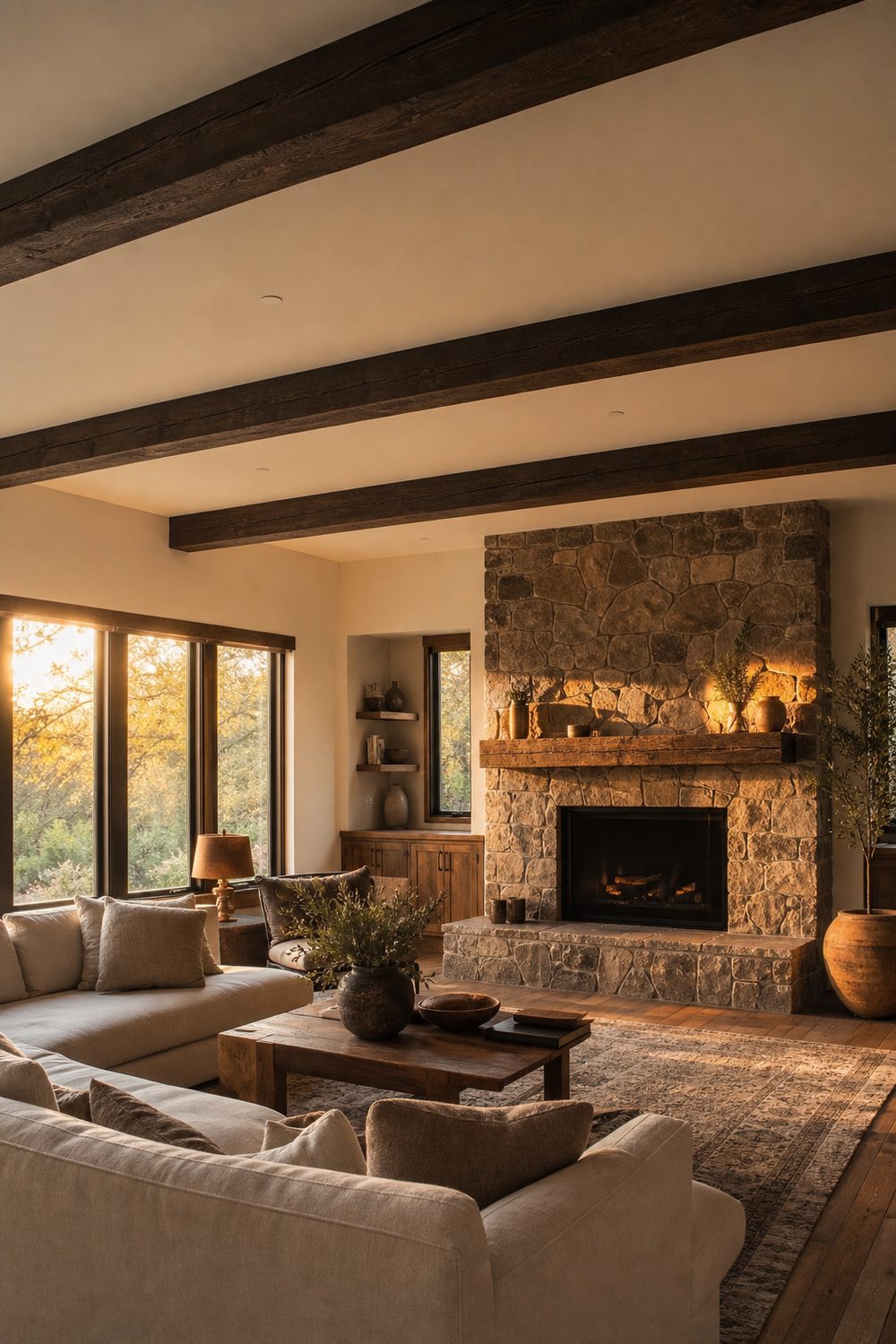 Faux dark stained wood beams crossing a flat painted ceiling in an open concept living room with a stone fireplace and a cream sectional sofa