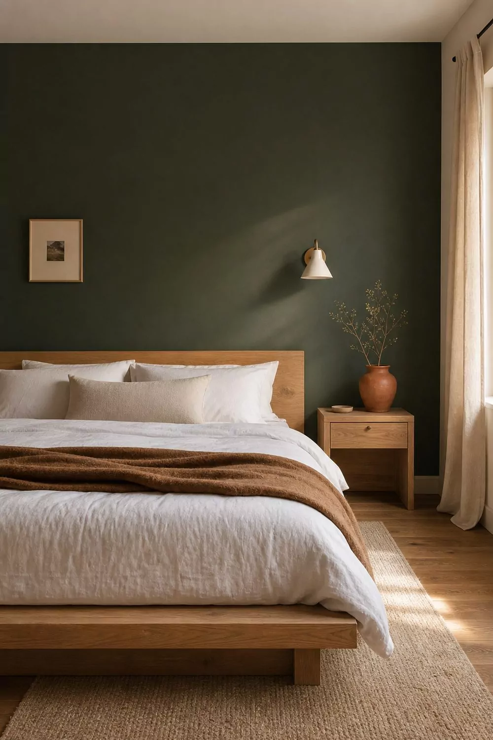 Forest green painted accent wall behind a natural oak platform bed with crisp white bedding and tobacco wool throw in a dark green bedroom