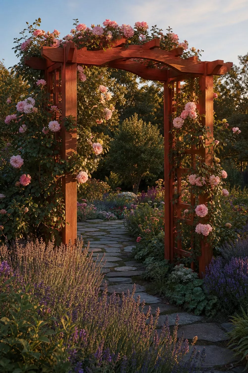 Freestanding cedar arbor trellis frame marking a garden entry with climbing pink New Dawn roses on top and side panels and a fieldstone path through perennial borders