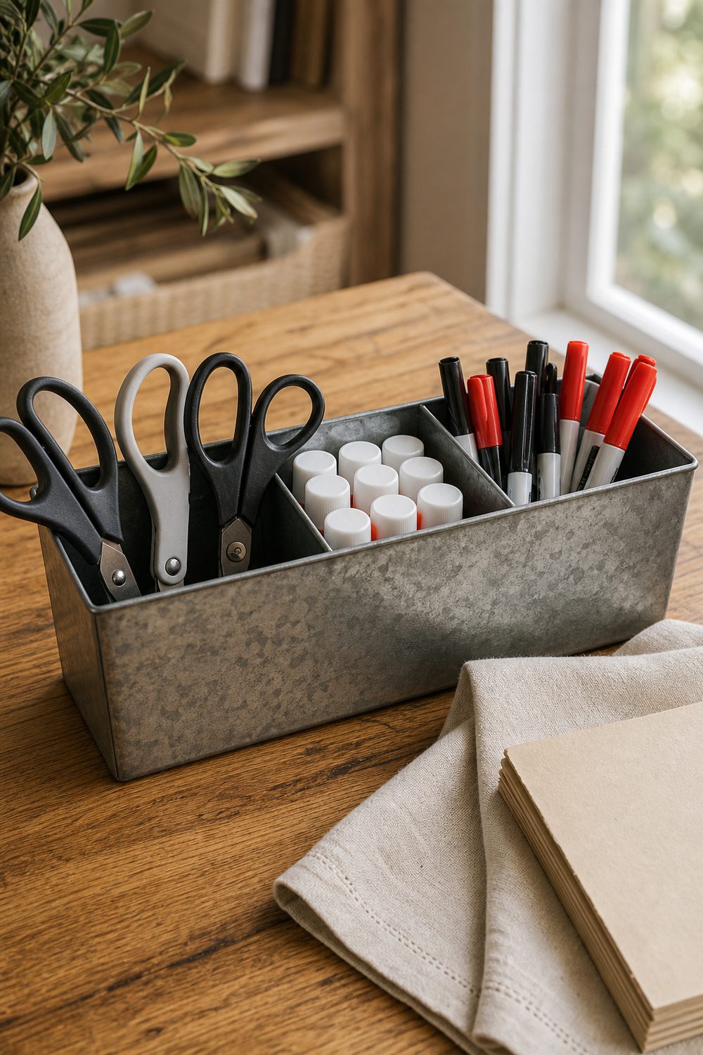 Low profile galvanized metal caddy with three divided compartments holding scissors, glue sticks, and dry erase markers on a warm wood teacher desk, soft morning light from east-facing windows