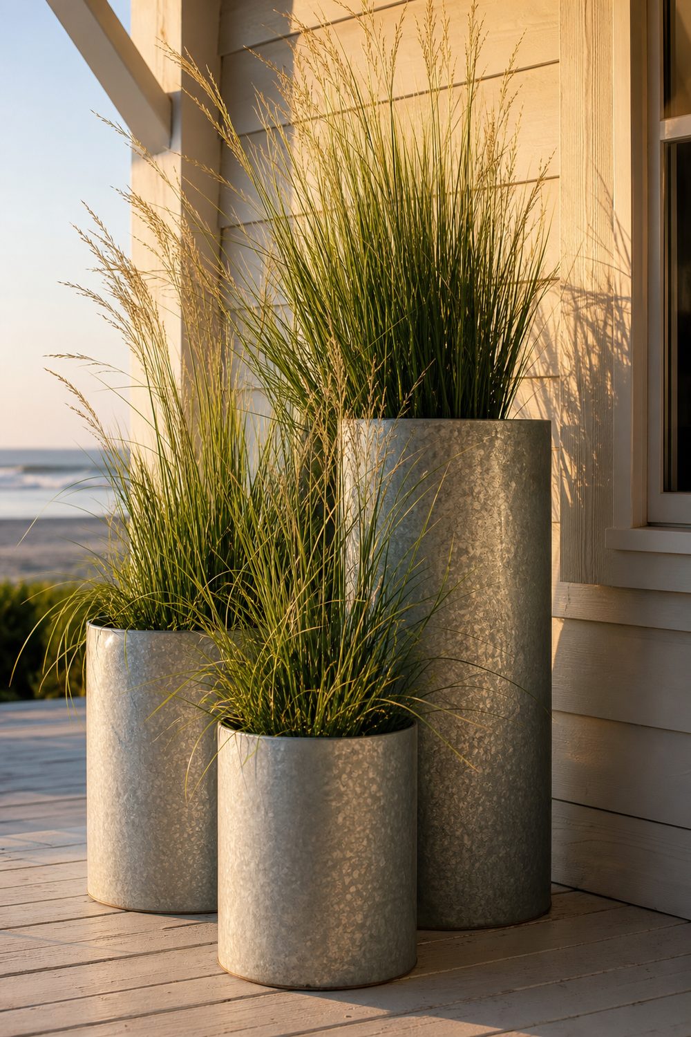 Three galvanized metal planters filled with tall sea grass on a whitewashed coastal front porch at golden hour
