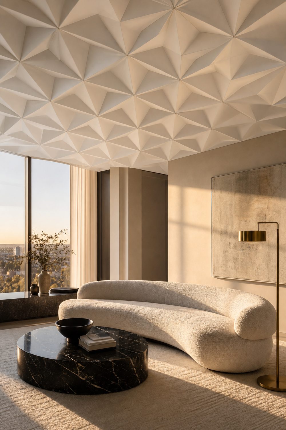 Modern geometric 3D ceiling panels with hexagonal pyramid relief in a sleek living room with a curved white sofa and a black marble coffee table