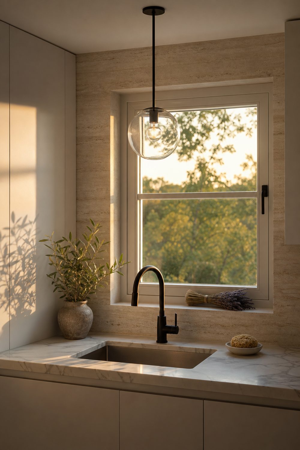 Single clear glass globe pendant with slim black stem hanging above a small kitchen sink with a window, soft modern kitchen with light cabinetry