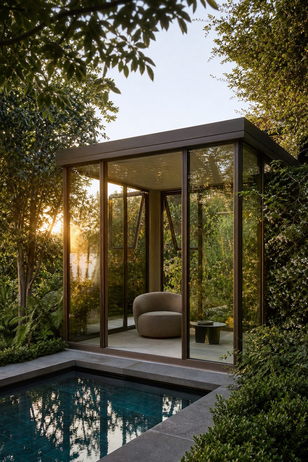 Modern small pool cabana with full height glass walls in slim bronze frames, sculptural armchair inside, plunge pool foreground, lush garden foliage on both sides