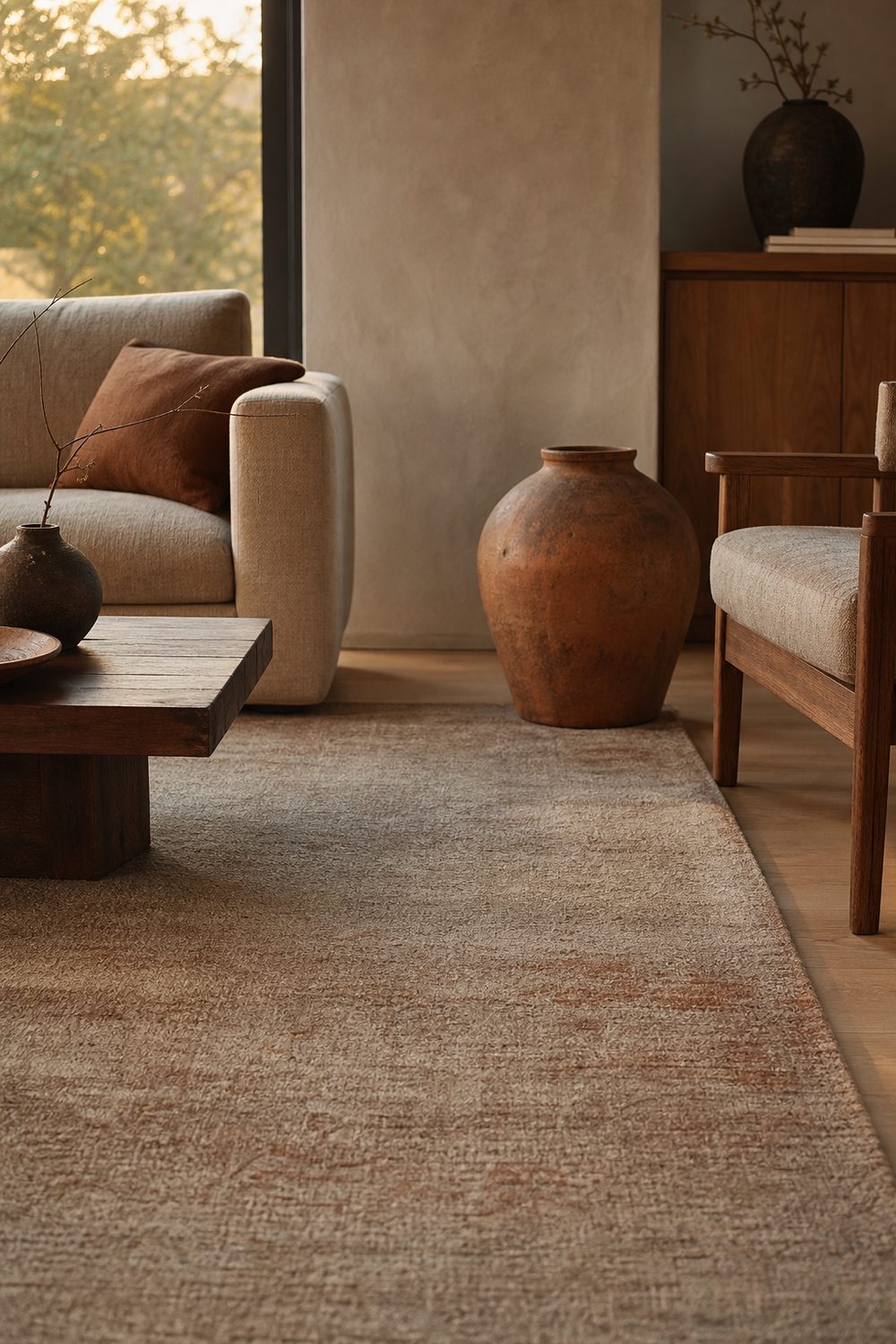 Greige Japandi rug with a dusted terracotta accent in a warm living room with walnut wood, clay pots, and linen