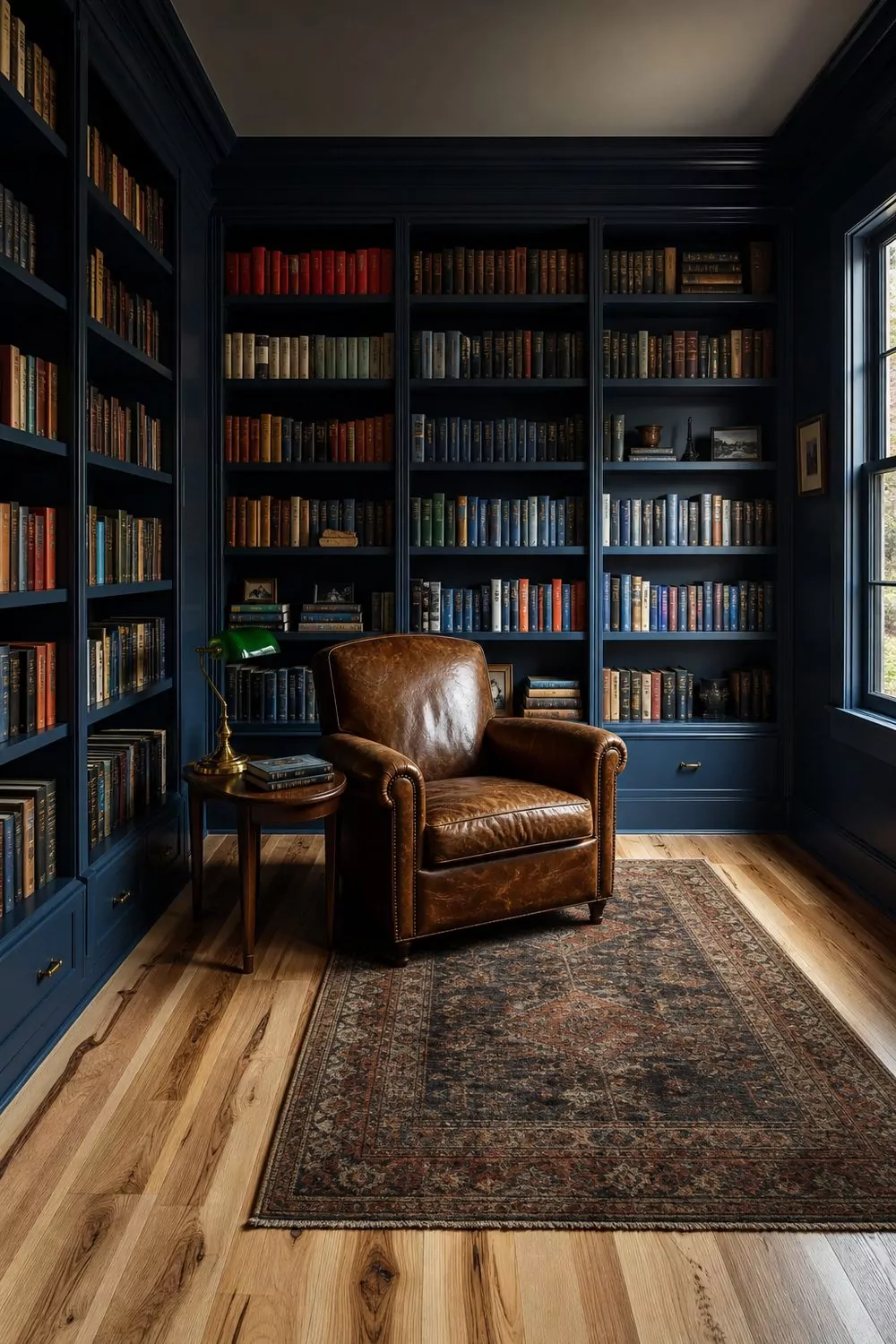 Deep Hale Navy library with light hickory hardwood floors, built-in bookshelves filled with hardcover books, leather club chair, brass library lamp, vintage Persian rug, soft morning light