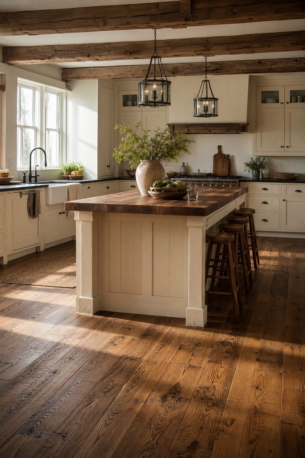 Hand scraped hickory farmhouse kitchen floor with medium toned planks, cream shaker cabinets, butcher block walnut island, and reclaimed wood beams