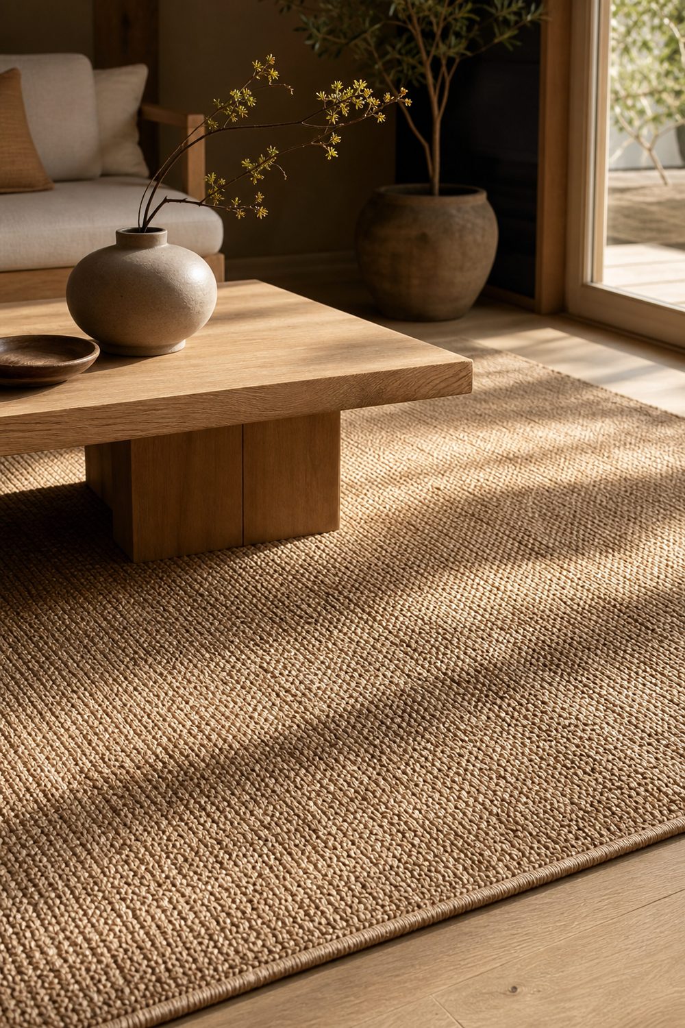 Handwoven jute Japandi area rug with braided weave under a low oak coffee table holding a stoneware vase