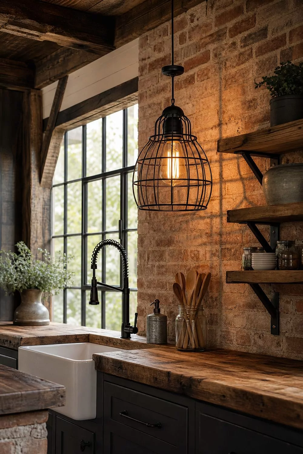 Single black metal cage pendant with vintage Edison bulb hanging above a fireclay sink in a modern rustic kitchen with brick wall and reclaimed wood shelves