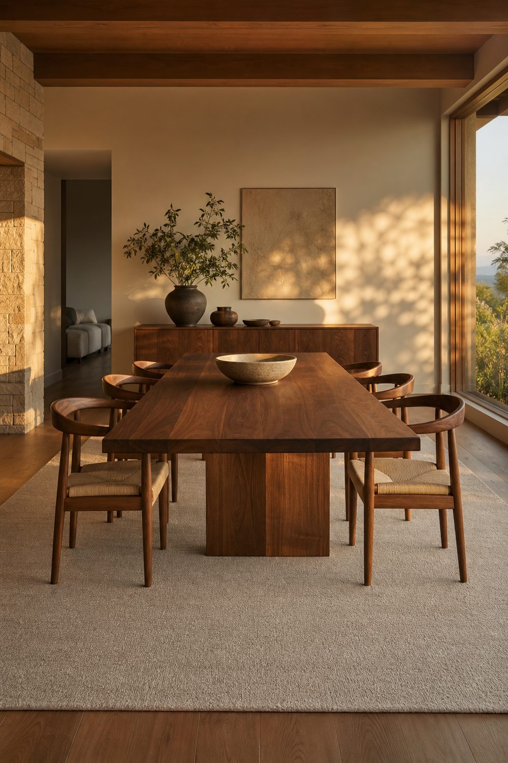 Neutral low pile Japandi dining rug extending beyond a solid walnut table and wood chairs in golden hour light