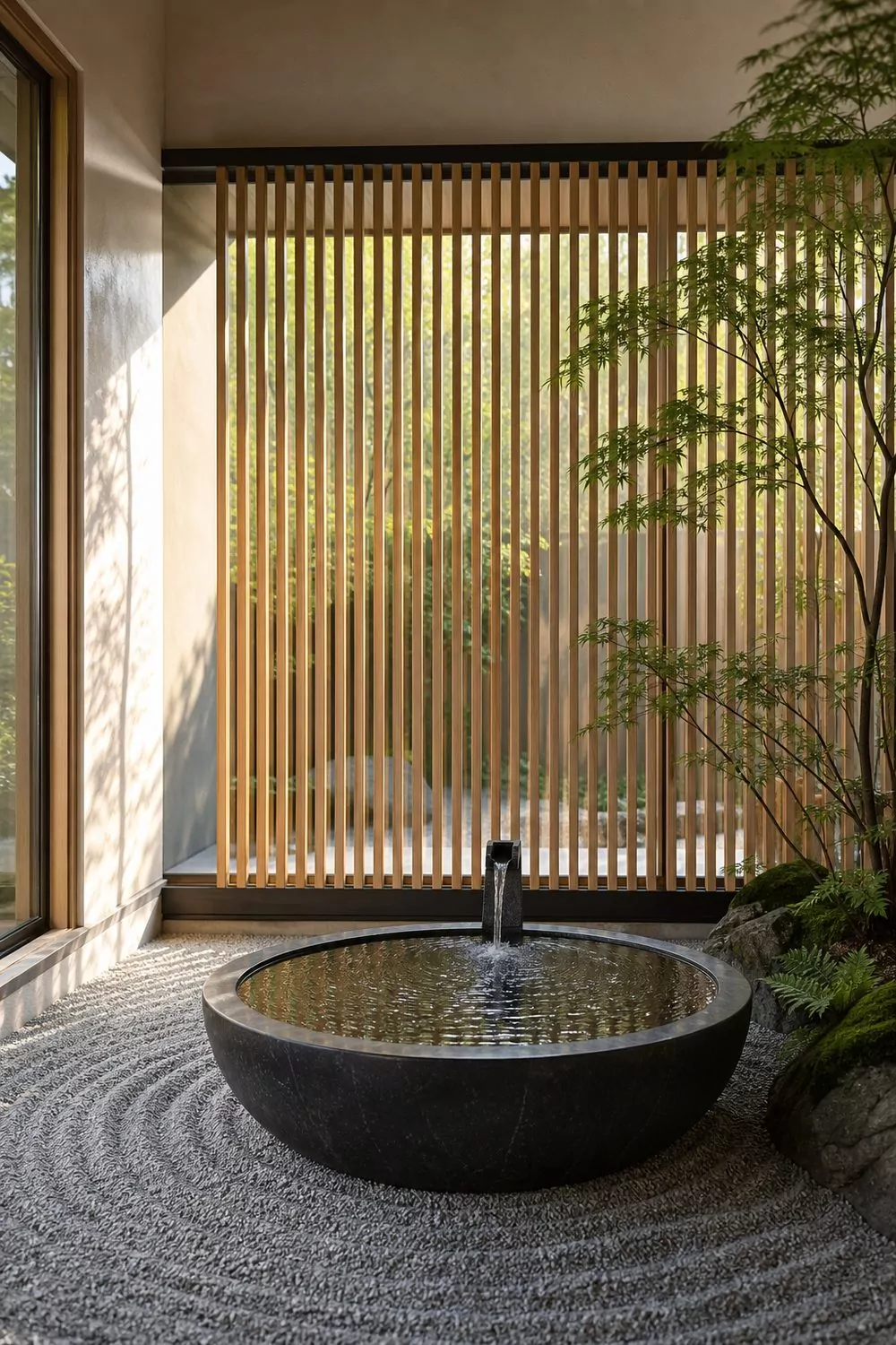 Japandi vertical slat wood trellis in honey toned ash with charcoal metal frame screening a meditation garden featuring a polished basalt water basin and raked gravel