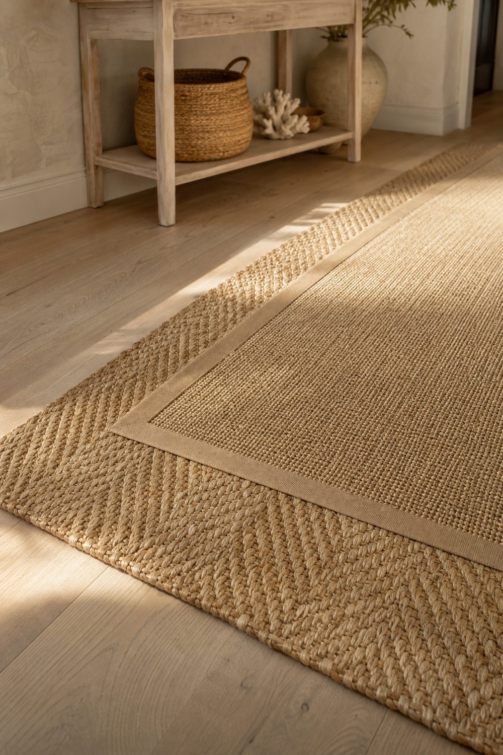 Layered jute and sisal runner in a coastal entryway hallway with chevron weave on natural jute and a tighter sisal flatweave with tan border on top of pale white oak flooring