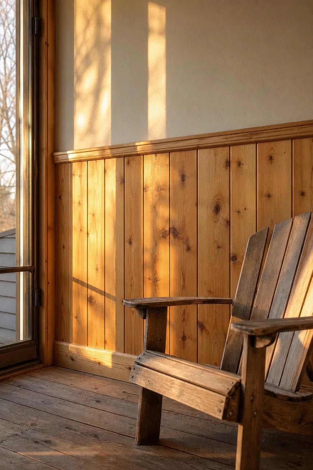 Knotty pine tongue and groove wainscoting on screened porch with golden honey tone, vintage wooden Adirondack chair, reclaimed oak floor in late afternoon light