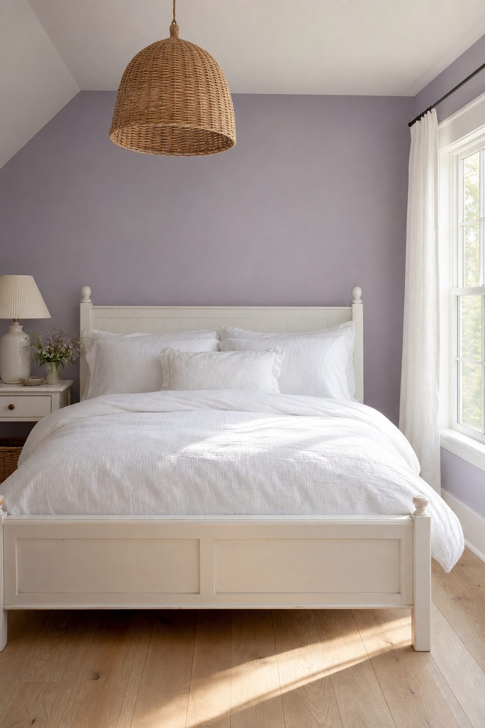 Cottage bedroom with soft lavender wall, crisp white linen bedding, painted white wood furniture, woven pendant light, percale duvet with subtle texture