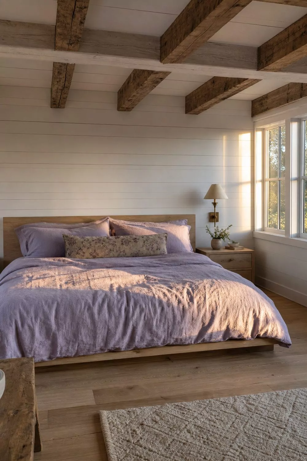 Modern farmhouse bedroom with white shiplap walls, oak ceiling beams, lavender linen bedding, raw oak nightstand, aged brass wall lamp, faded floral quilt