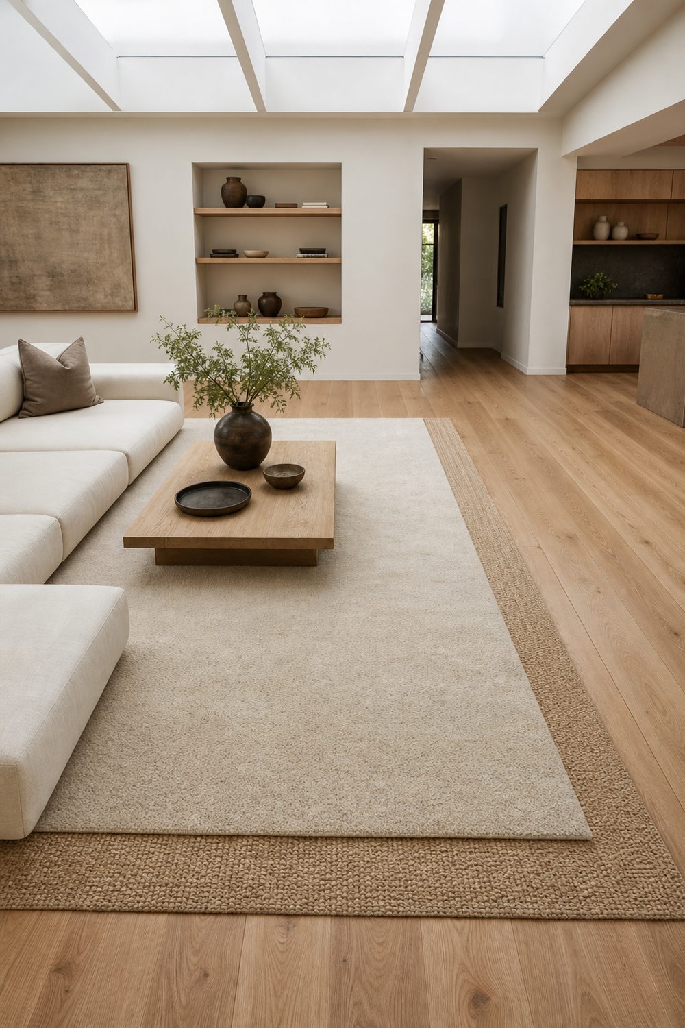 Cream wool Japandi rug layered over a larger natural fiber base rug on white oak flooring in a bright living room