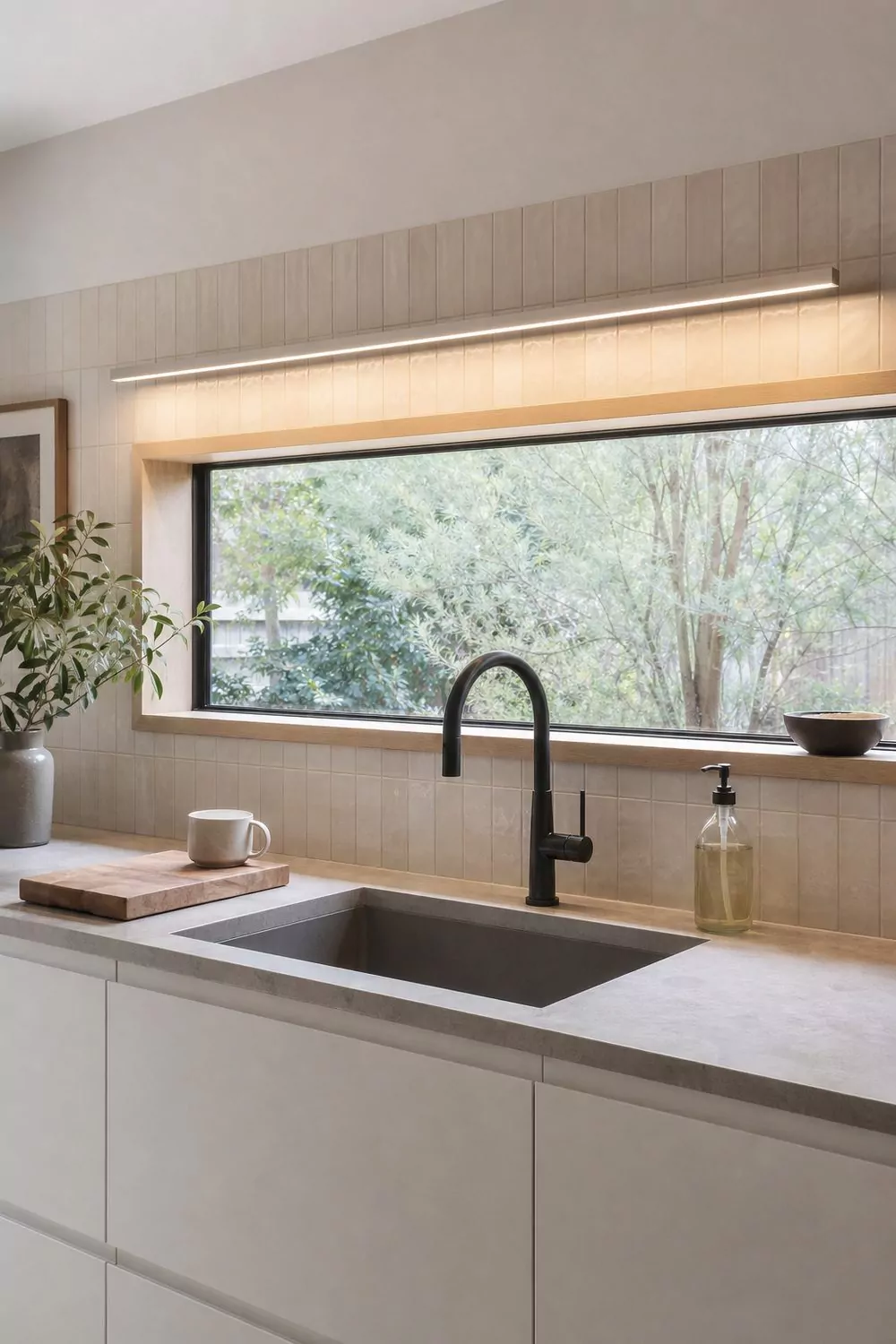 Slim brushed nickel LED linear light bar mounted just above the trim of a kitchen sink window, modern kitchen with clean cabinetry
