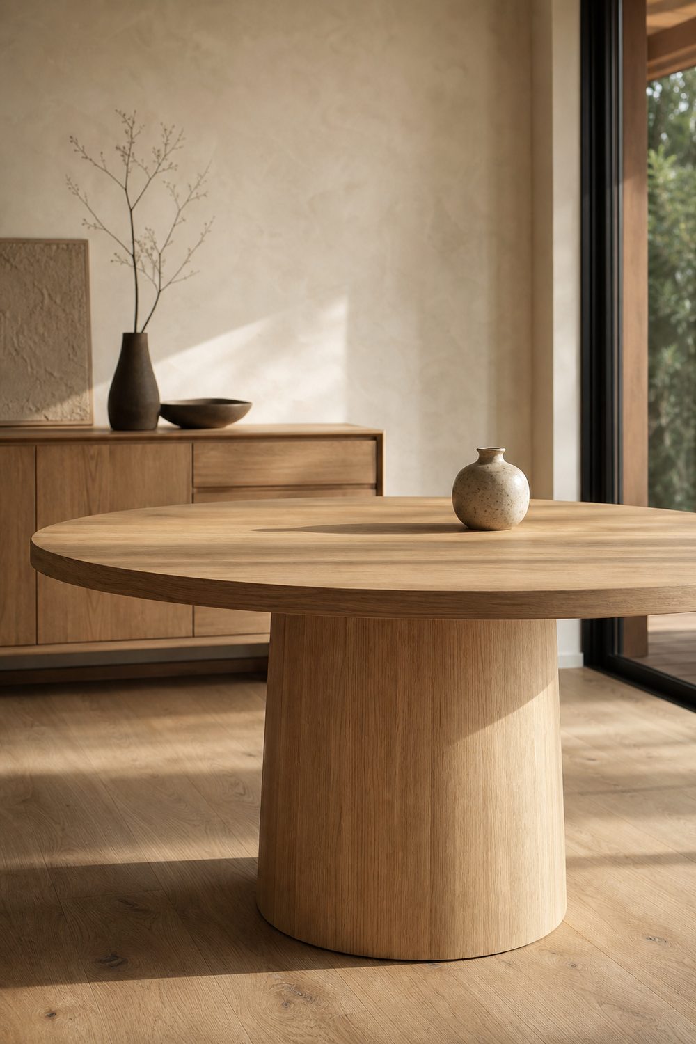 Round light oak pedestal dining table with single column base in a Japandi dining room, soft cream plaster wall, low oak sideboard, warm afternoon light