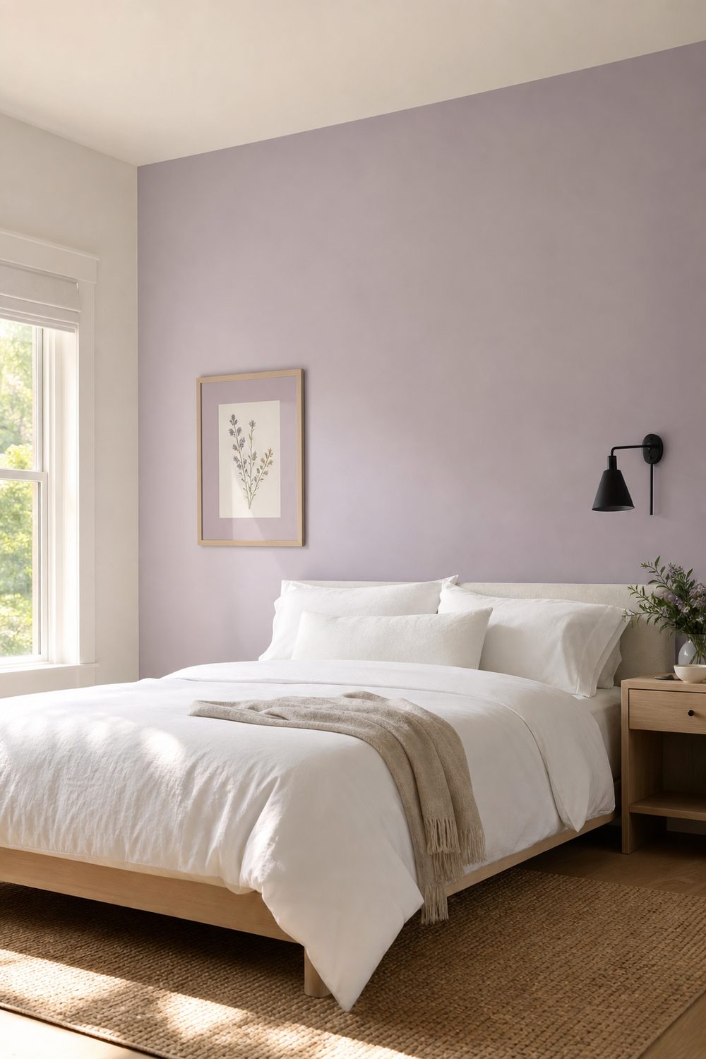 Soft gray-lilac accent wall behind the bed, crisp white bedding, pale oak nightstand, simple matte black wall lamp, lilac art mat detail