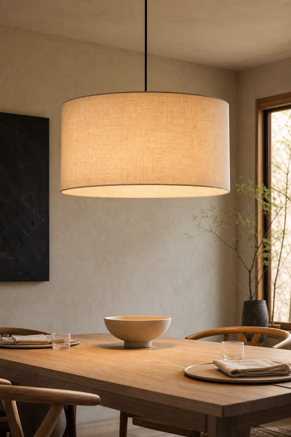 Oversized ivory linen drum shade pendant light hanging low over a pale oak dining table in a Japandi dining room, glowing softly with warm interior light