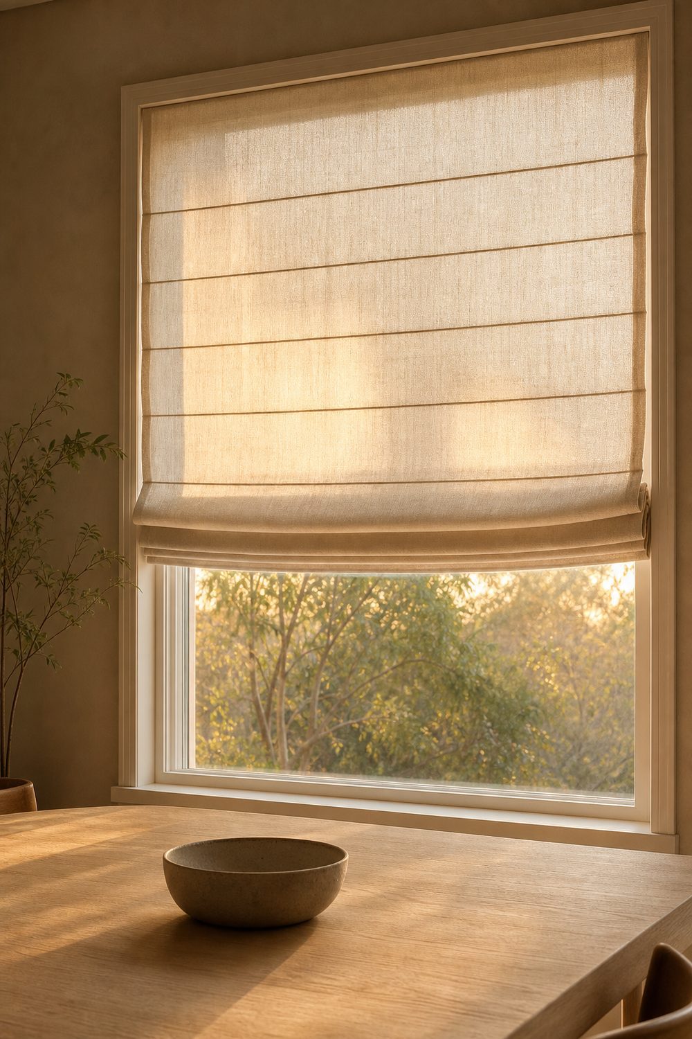 Soft ivory linen Roman shades half lowered over a window in a Japandi dining room, warm golden hour light filtering through, pale oak table edge in foreground