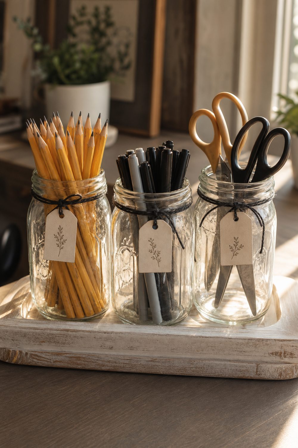 Three clear glass mason jars holding sharpened pencils, markers, and scissors, lined up on a small whitewashed wood tray with simple black and white text labels, warm afternoon light