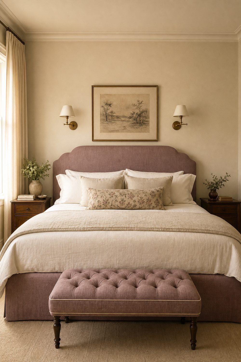 Romantic bedroom with mauve upholstered bed, warm cream walls, antique brass picture lights, linen drapery, tufted bench at the bed foot
